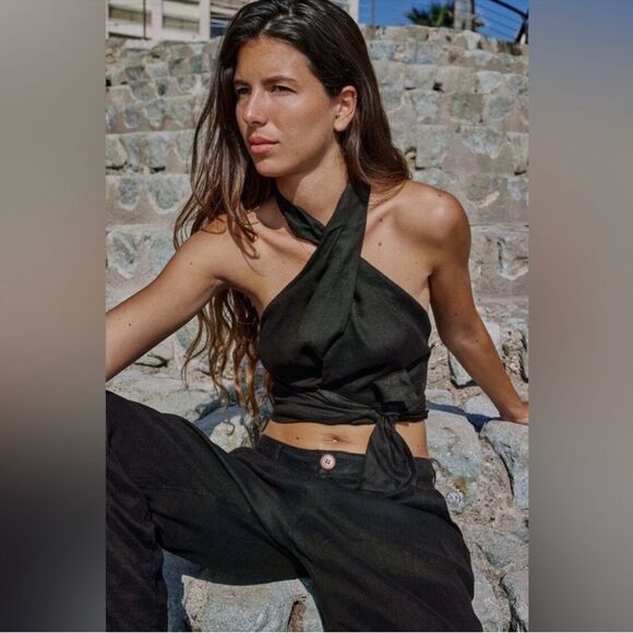 NWT Linen Halter Black Tie-Front Top Sz XS - Picture 4 of 10